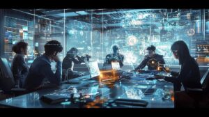 A diverse team collaborates using Power Platform in modern corporate office.